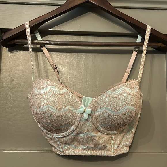 Anthropologie E by Eloise Lace Bustier Longline Bra Mint / Beige Size 34C - Picture 1 of 8